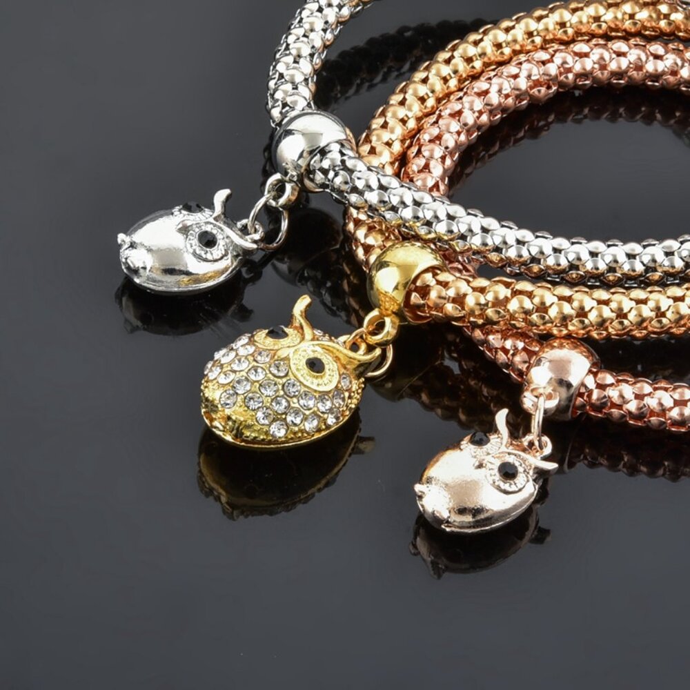 Tri-Tone Owl Charm Bracelet Set – Wise Sparkle Trio - Picture 6 of 15
